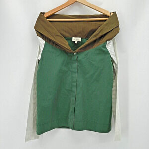 ISA ARFEN Off Shoulder Blouse Womens 2 Green Stripe Button Avant Garde Indie